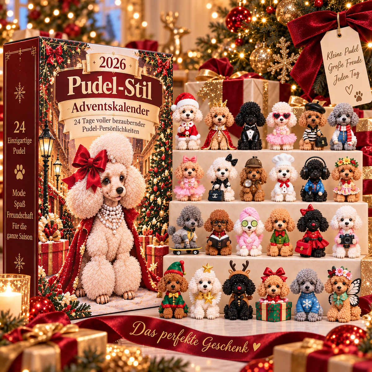 Pudel-Adventskalender 2026 – 24 Tage Weihnachtsüberraschungen in Burgunderrot & Champagnergold