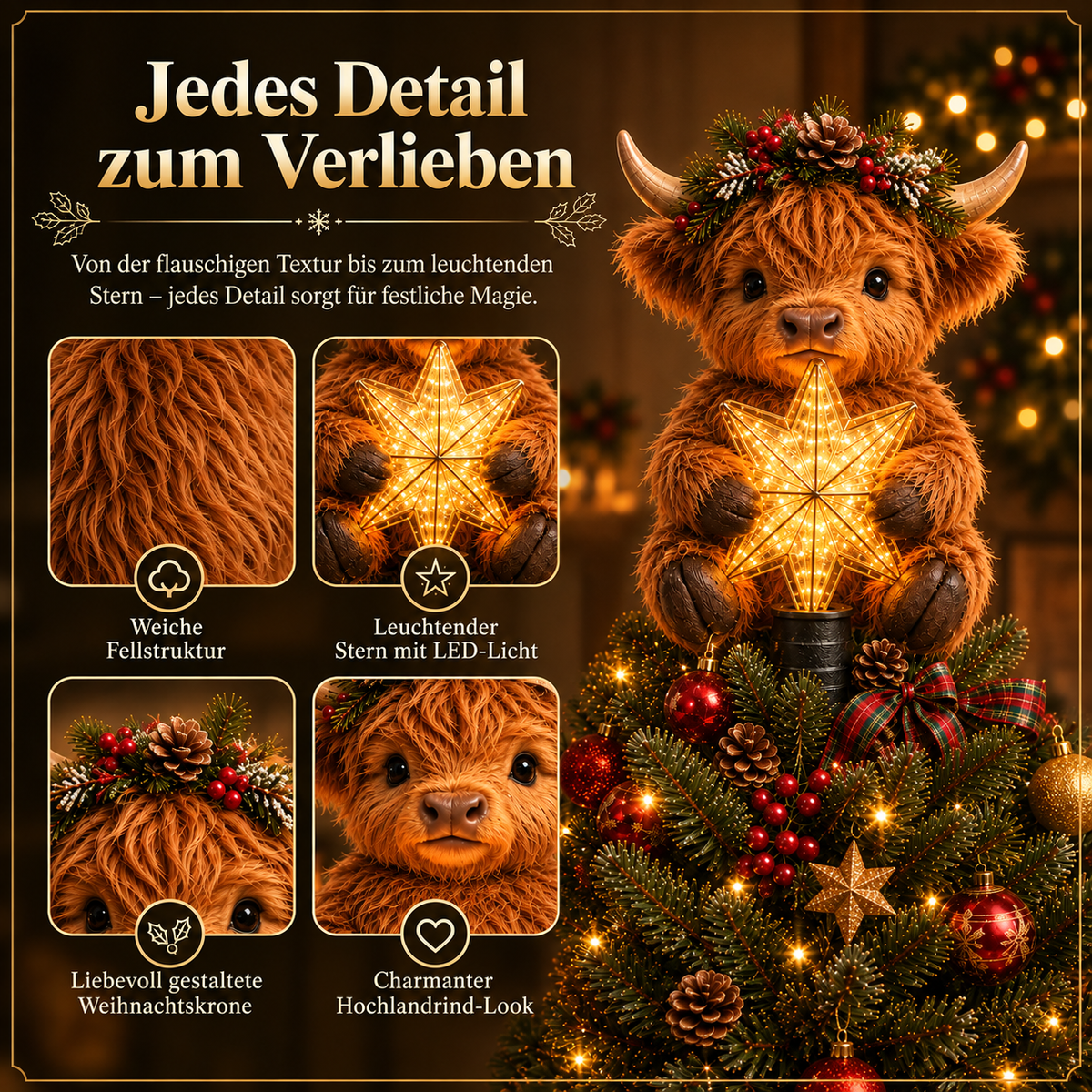 Baby Highland Cow Weihnachtsbaumspitze mit leuchtendem Stern