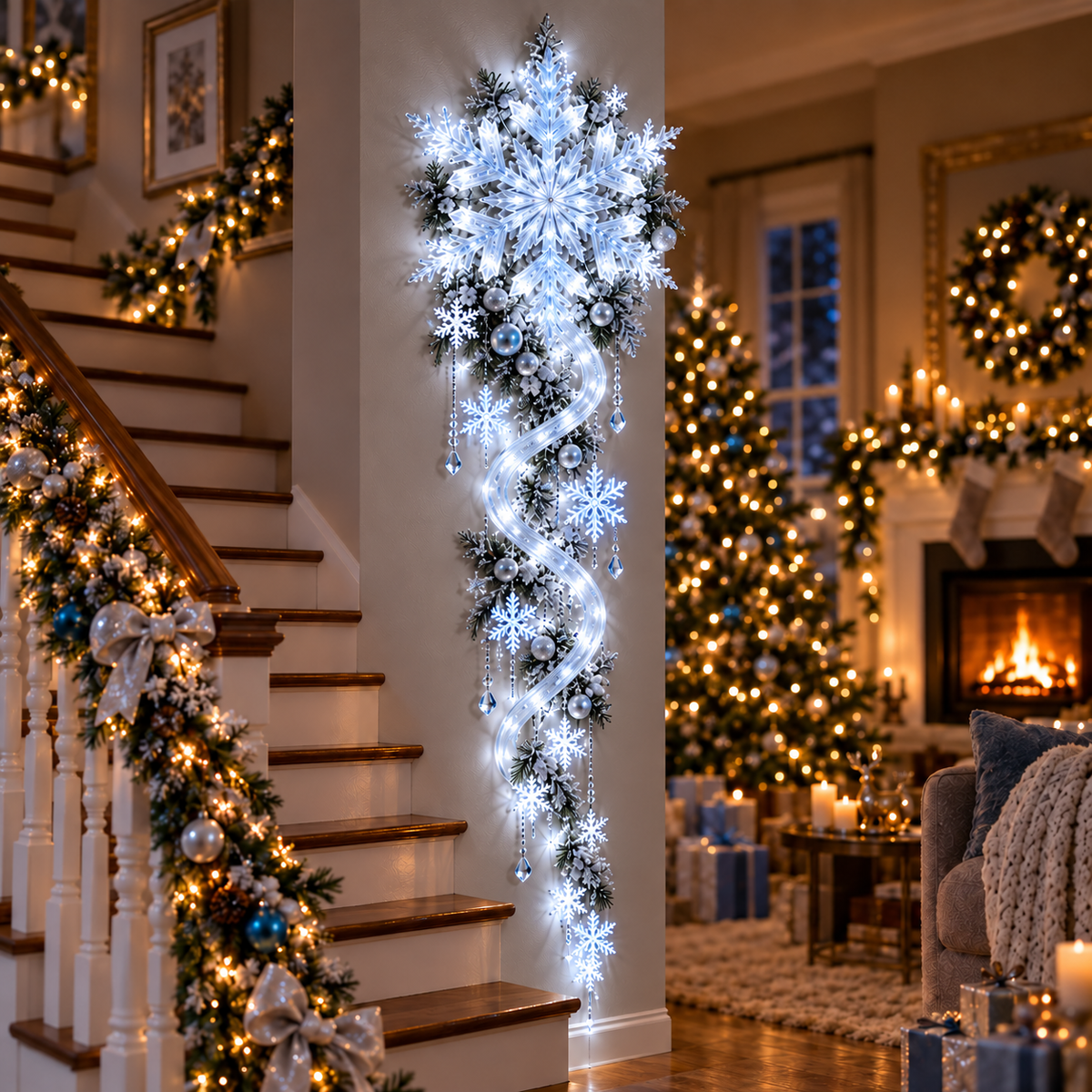 Riesige Schneeflocken-Wandbeleuchtung mit Lichtkaskade