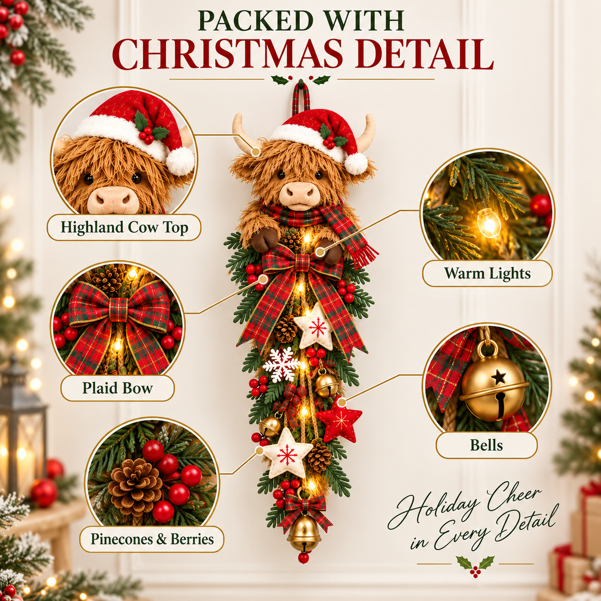 Highland Cow Türdeko mit Beleuchtung – Weihnachtliche Türgirlande mit Karomuster