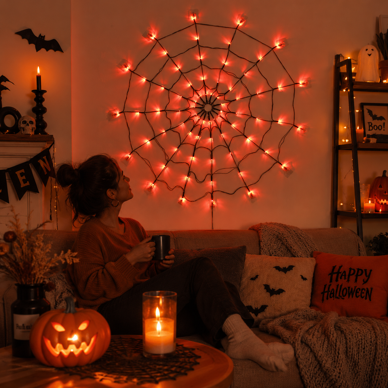 Halloween Spinnennetz-Lichterkette 70 LED Lila-Orange – 8 Lichtmodi
