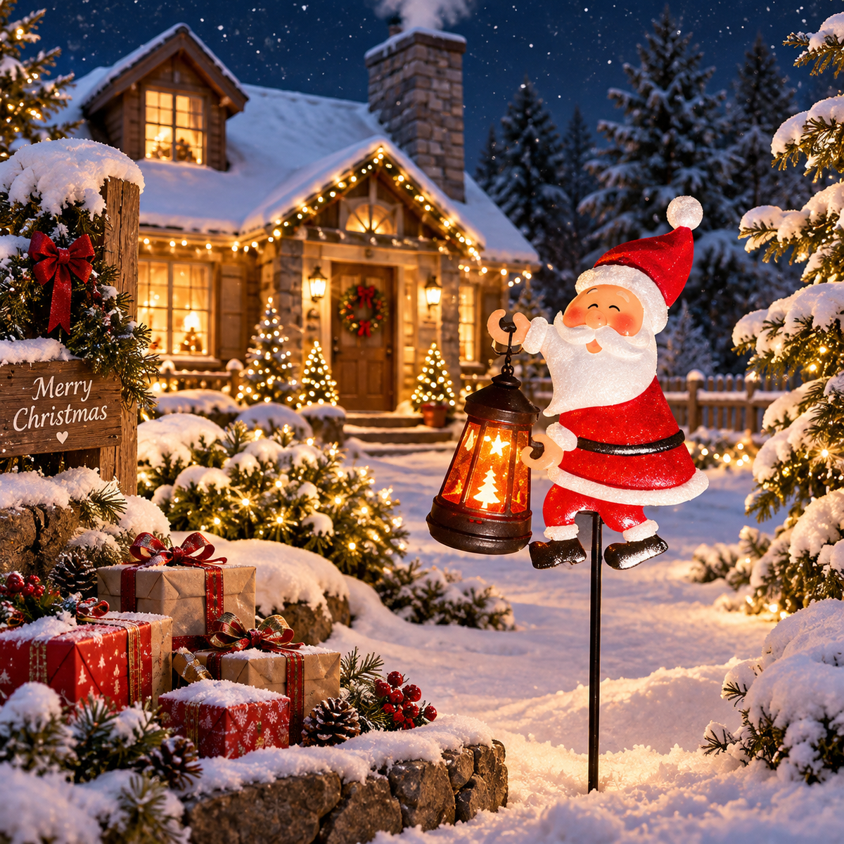 Solar Weihnachtsmann-Gartenleuchte mit Laterne und Erdspieß