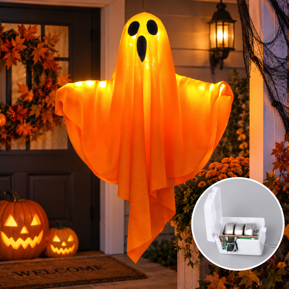 LED-Geisterleuchte Halloween 51 cm Weiß – Batteriebetrieben, Aufhängbar