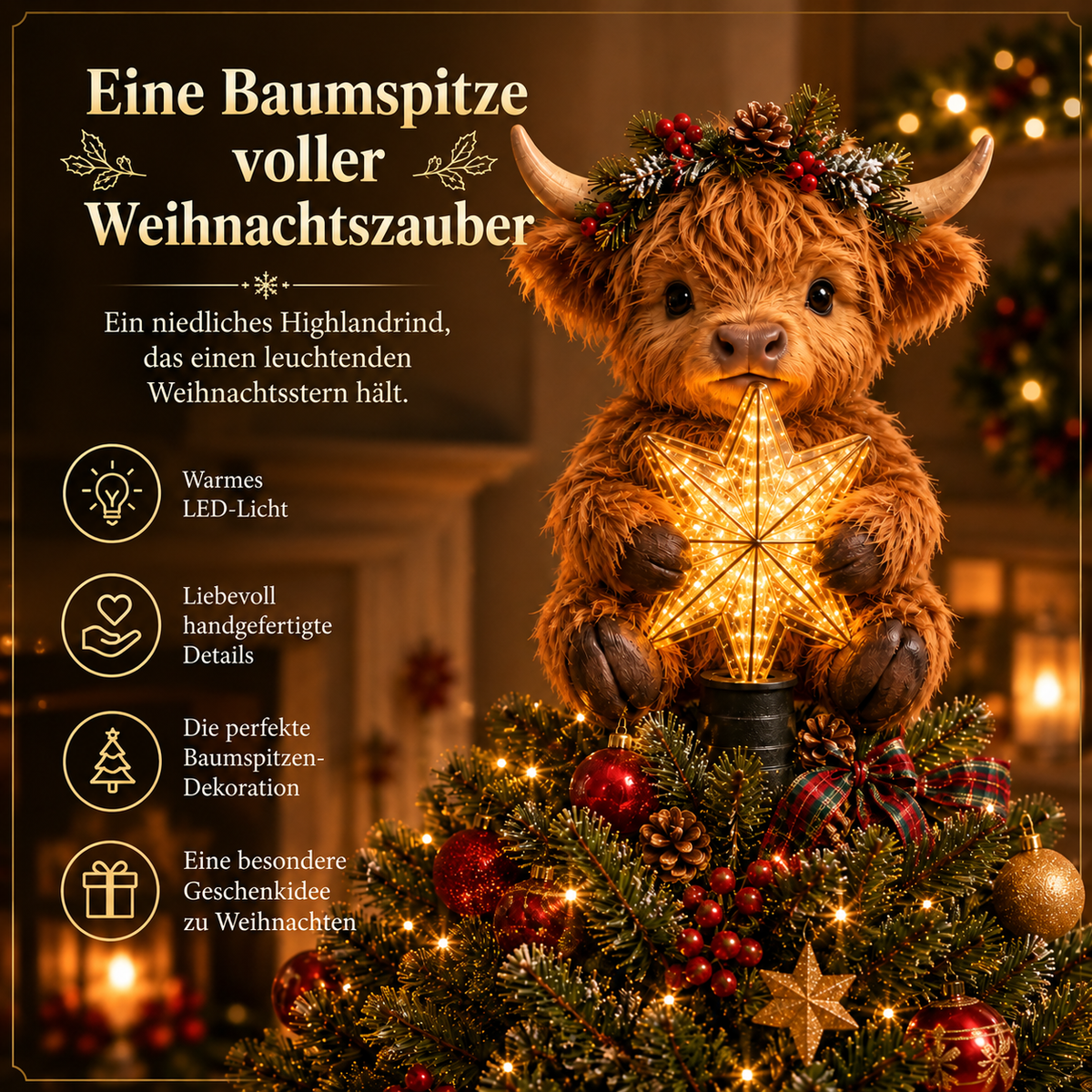 Baby Highland Cow Weihnachtsbaumspitze mit leuchtendem Stern