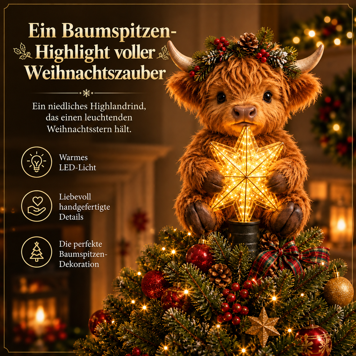 Baby Highland Cow Weihnachtsbaumspitze mit leuchtendem Stern