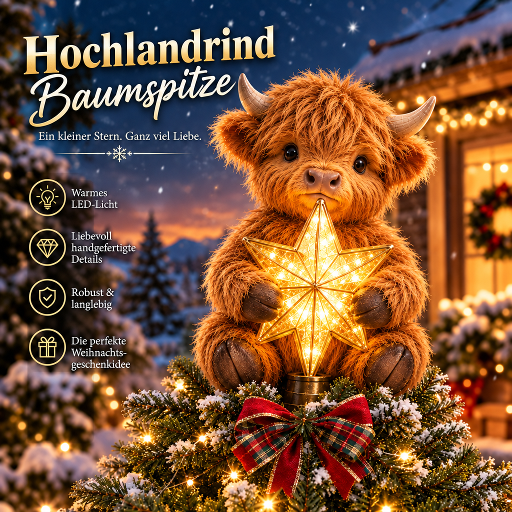 Baby Highland Cow Weihnachtsbaumspitze mit leuchtendem Stern