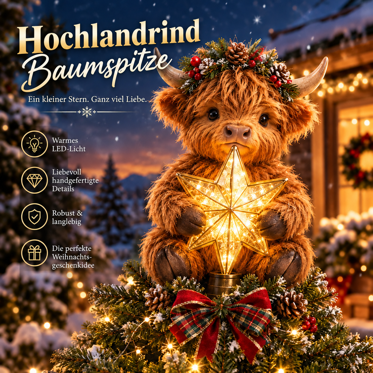 Baby Highland Cow Weihnachtsbaumspitze mit leuchtendem Stern