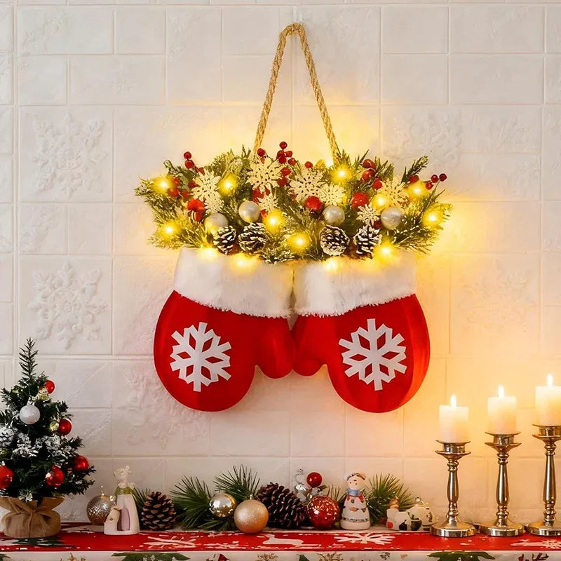 Lichtkranz zu Weihnachten mit Handschuhen