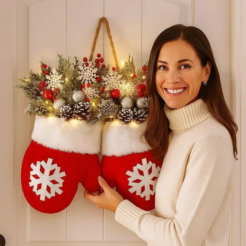 Lichtkranz zu Weihnachten mit Handschuhen