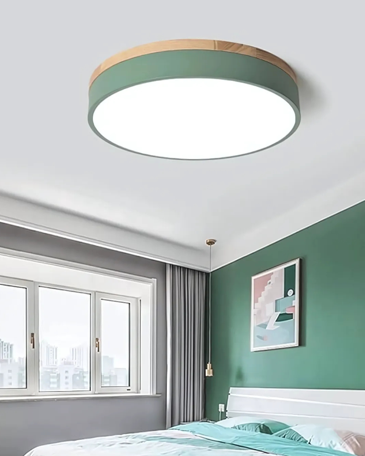 Deckenleuchte | Rundes Design, Holzakzent, Grünes Band 6