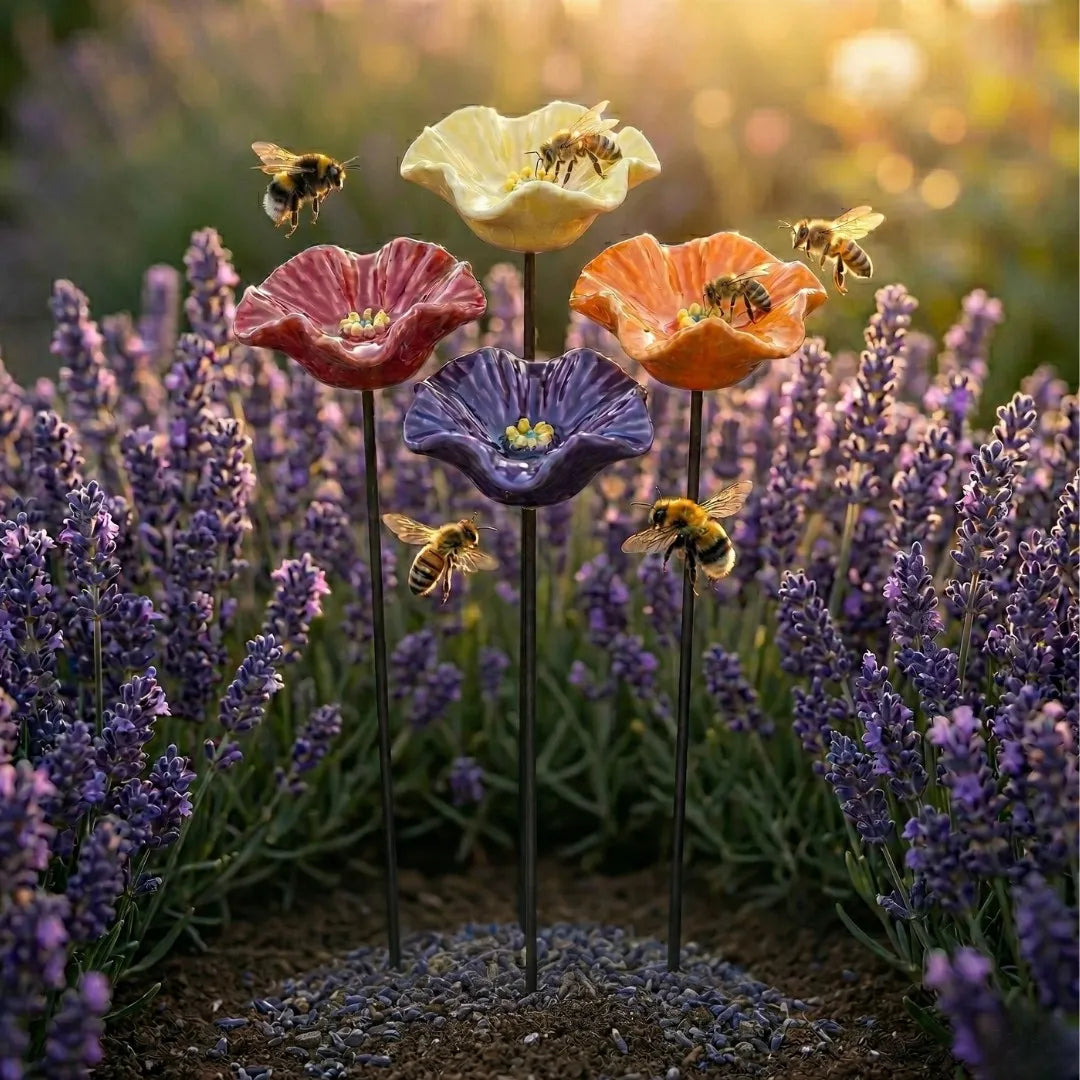 Garten Dekoration | Handgefertigte Wetterfeste Keramik-Bienenblüten, 4er-Set 0