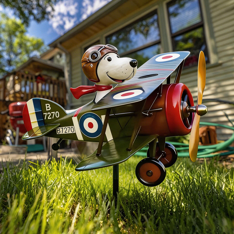 Garten Windspiel | Rotierender Propeller, Vintage Doppeldecker 0