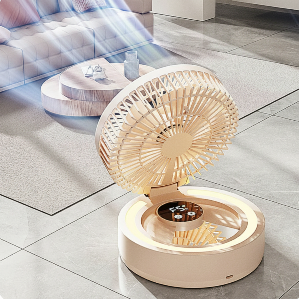 Tischventilator 3-in-1 mit Make-up Spiegel und Nachtlicht – 5W, Akku 1200mAh, Weiß/Pink