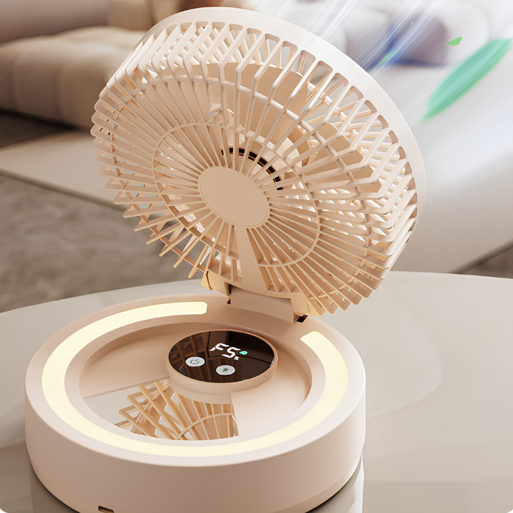 Tischventilator 3-in-1 mit Make-up Spiegel und Nachtlicht – 5W, Akku 1200mAh, Weiß/Pink