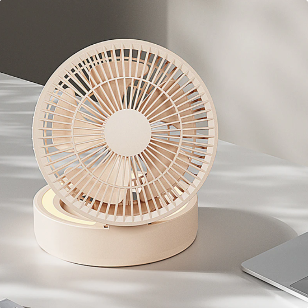 Tischventilator 3-in-1 mit Make-up Spiegel und Nachtlicht – 5W, Akku 1200mAh, Weiß/Pink