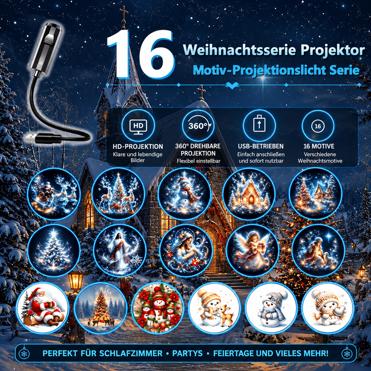 LED-Projektionslampe Weihnachten Kunststoff Bunt – 6 Motive, USB-Betrieb, Tischdeko