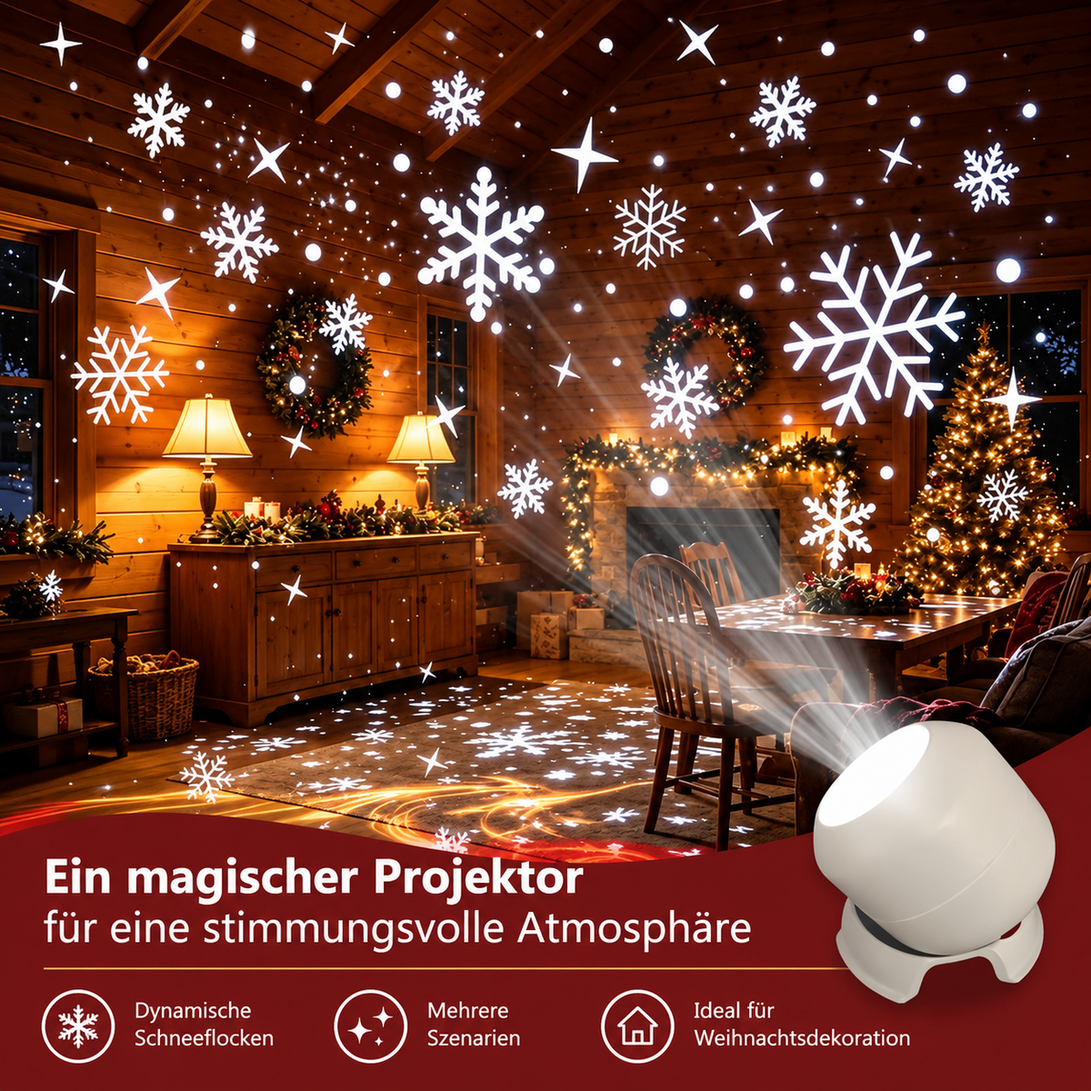 LED-Projektionslampe Weihnachten Kunststoff Bunt – 6 Motive, USB-Betrieb, Tischdeko