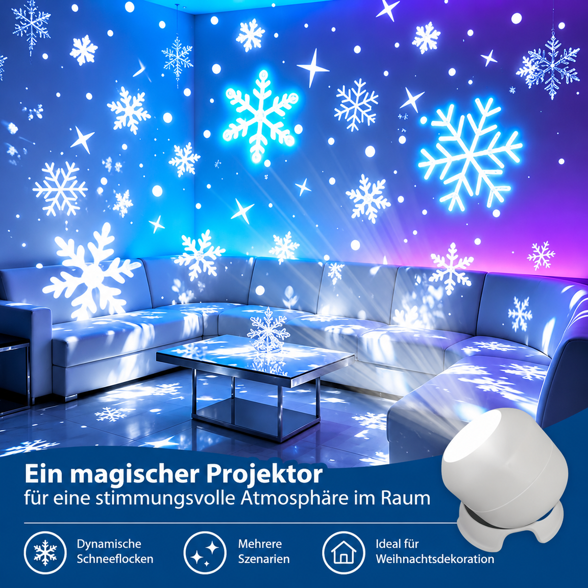 LED-Projektionslampe Weihnachten Kunststoff Bunt – 6 Motive, USB-Betrieb, Tischdeko