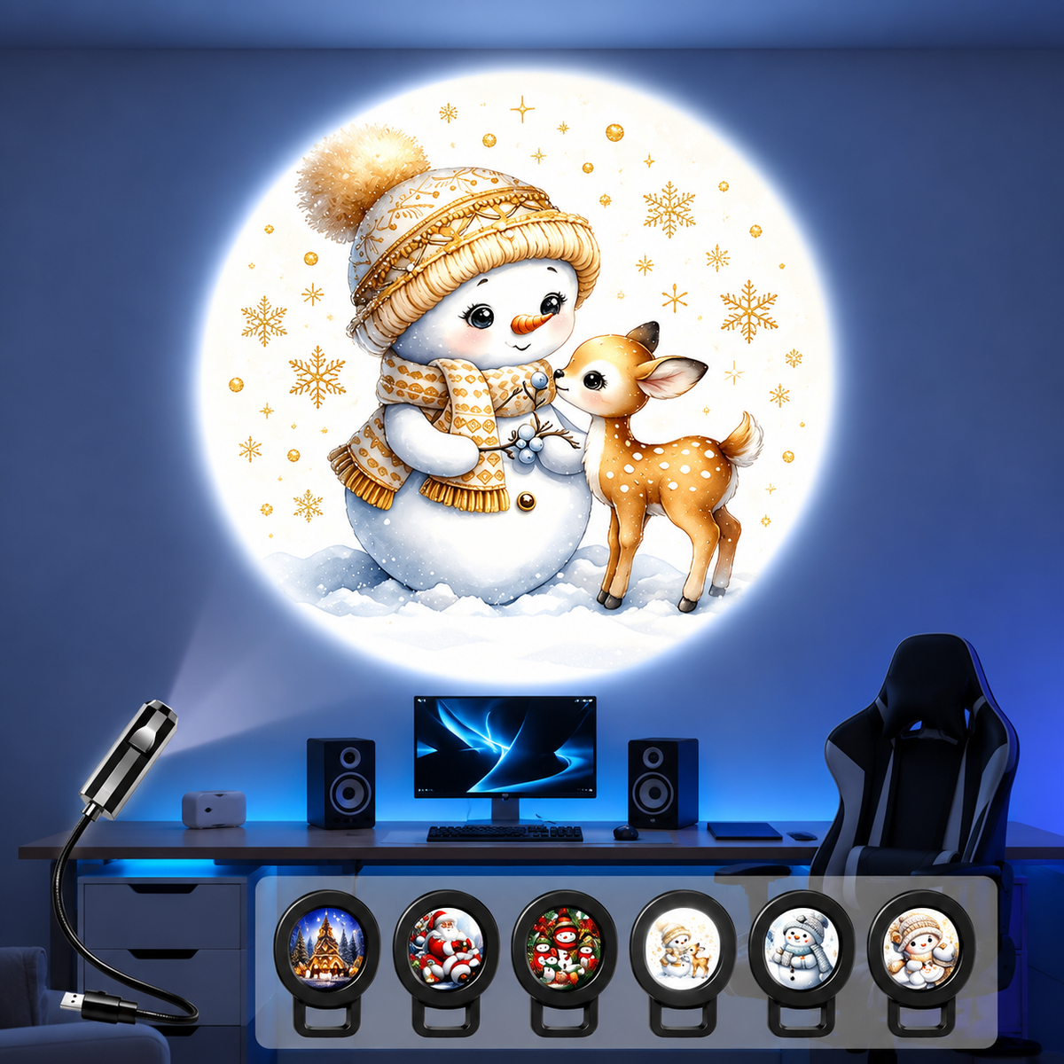 LED-Projektionslampe Weihnachten Kunststoff Bunt – 6 Motive, USB-Betrieb, Tischdeko