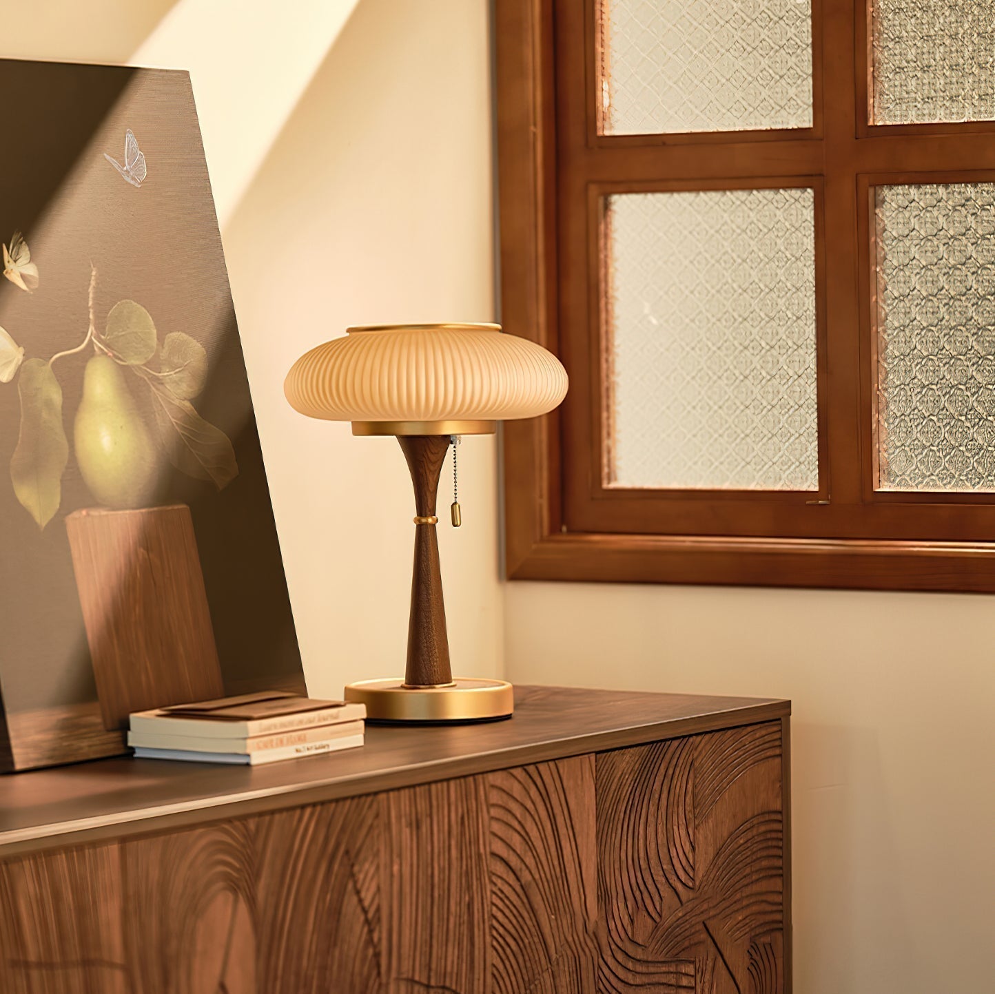 LumoShroom Vintage LED-Tischlampe – Dimmbar Holzoptik fürs Wohnzimmer