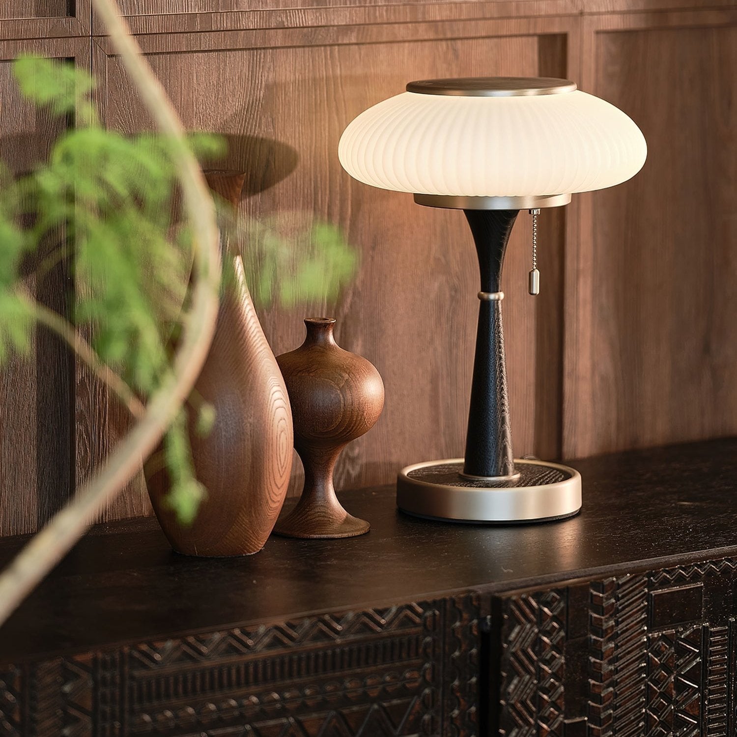 LumoShroom Vintage LED-Tischlampe – Dimmbar Holzoptik fürs Wohnzimmer