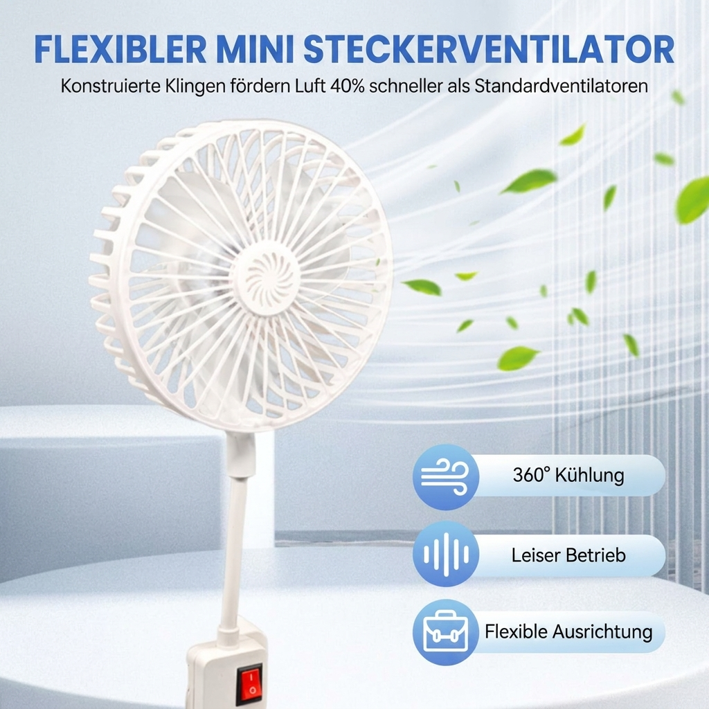 Mini Ventilator Plug-in 220V Leise 36dB Schlafzimmer Flexibler Hals
