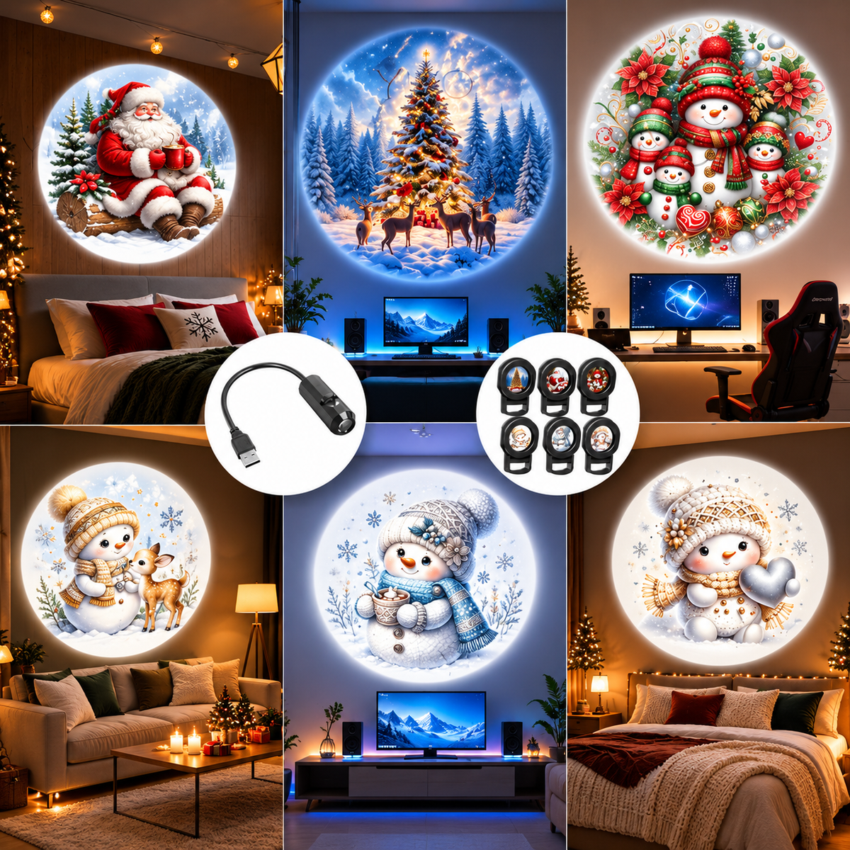 LED-Projektionslampe Weihnachten Kunststoff Bunt – 6 Motive, USB-Betrieb, Tischdeko