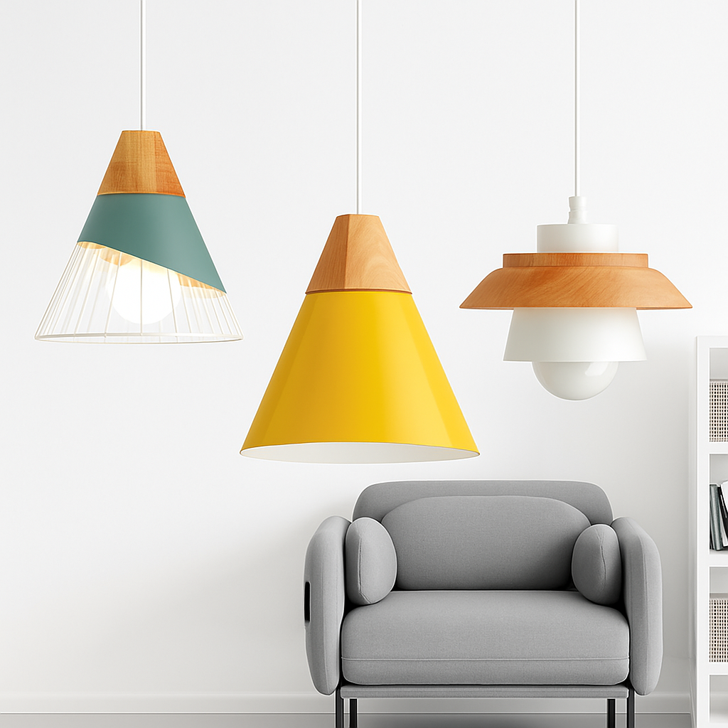 Pendelleuchte | Farbiges Metall, Helles Holz, Verschiedene Formen 2