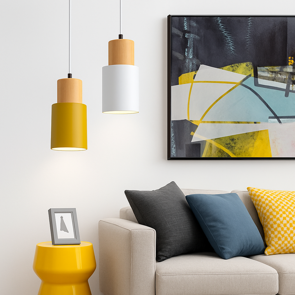 Pendelleuchte | Zylindrische Form, Holz und Aluminium 1