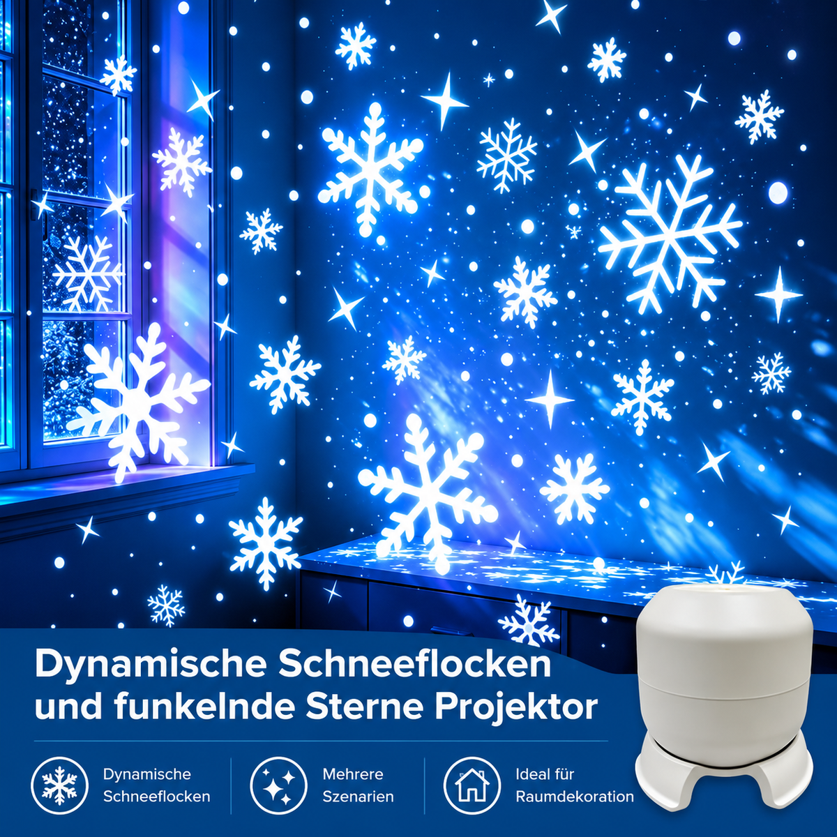 LED-Projektionslampe Weihnachten Kunststoff Bunt – 6 Motive, USB-Betrieb, Tischdeko