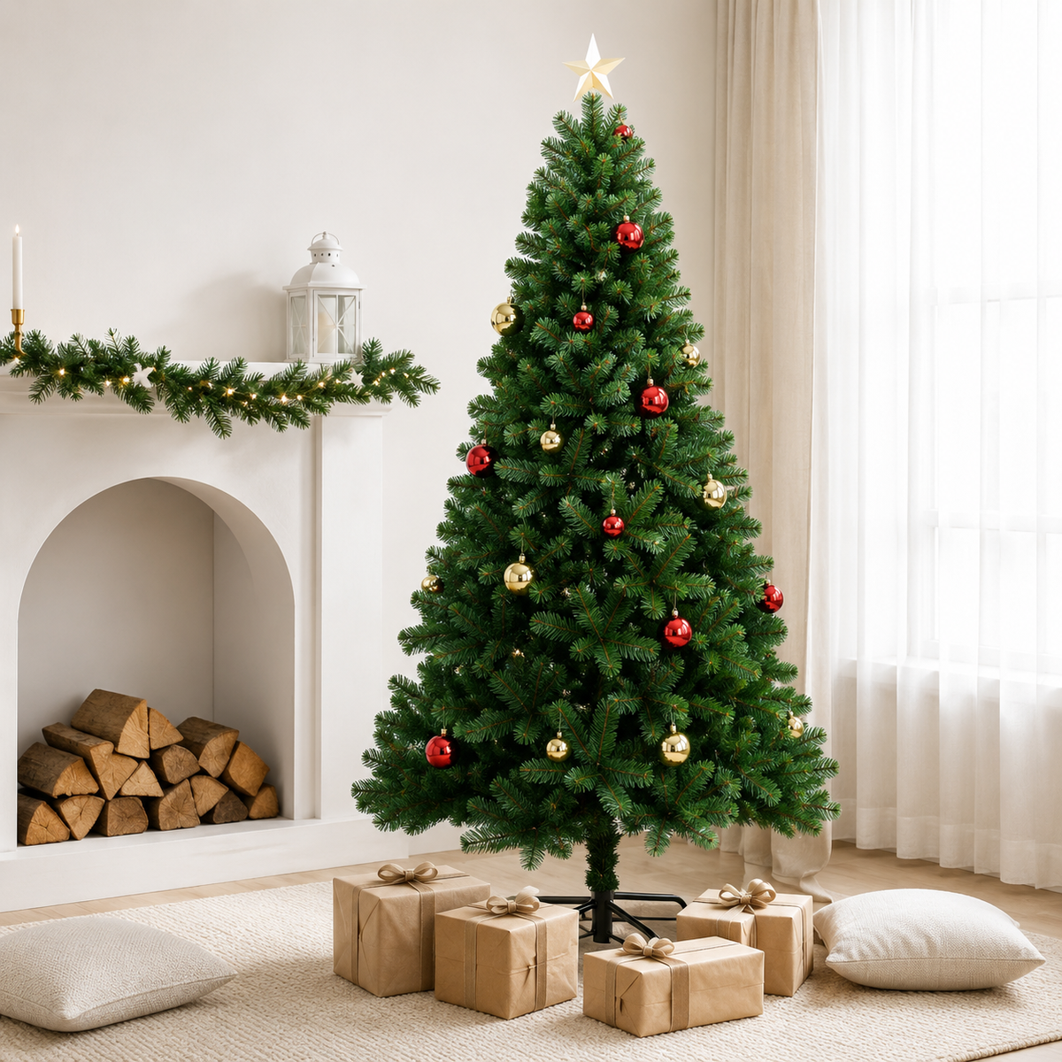 Künstlicher Weihnachtsbaum 6-7 Fuß mit weißen Lichtern und klappbaren Ästen
