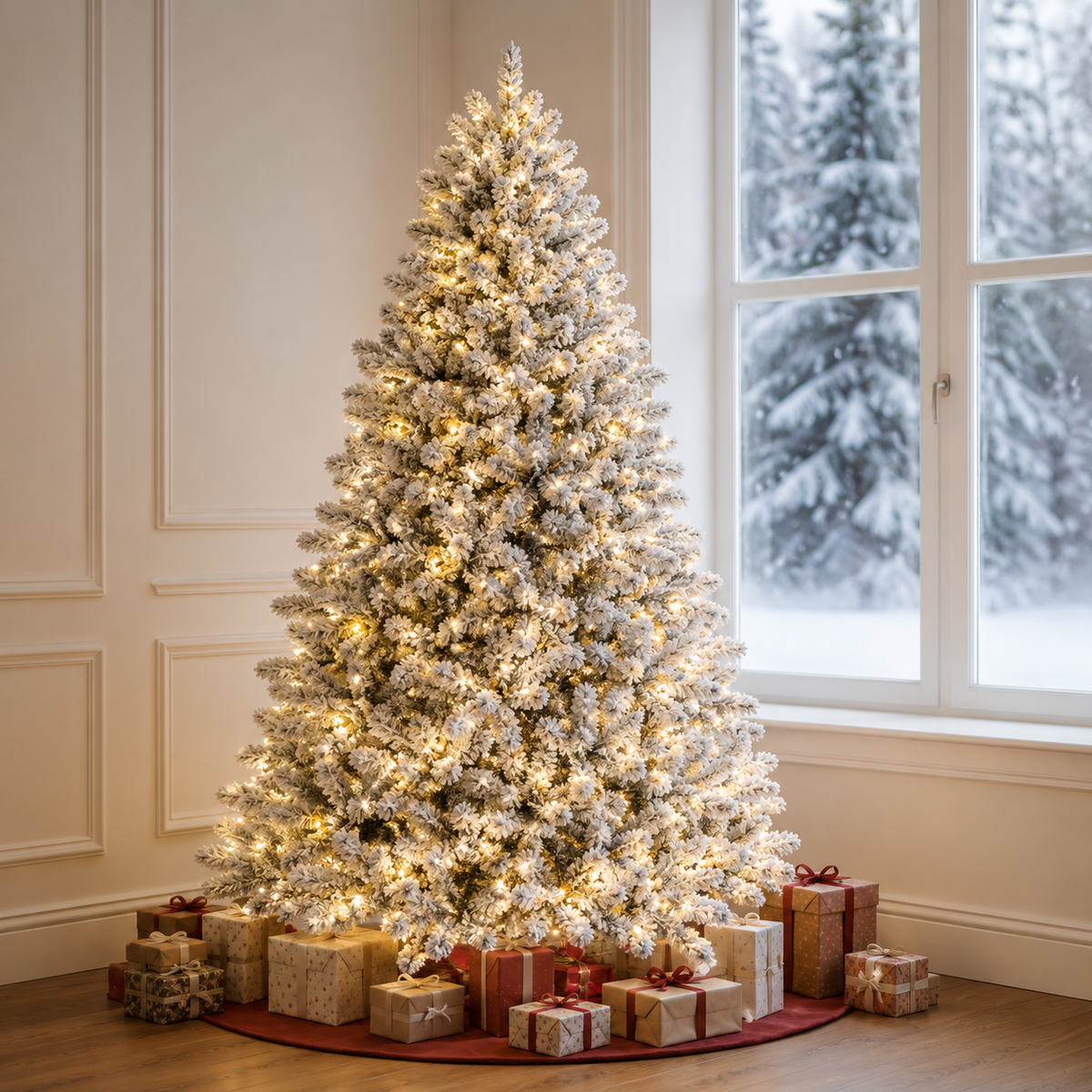 Künstlicher Schneebedeckter Weihnachtsbaum Vorbeleuchtet 7 Fuß mit 1100 Spitzen aus PE/PVC und Integrierten LEDs