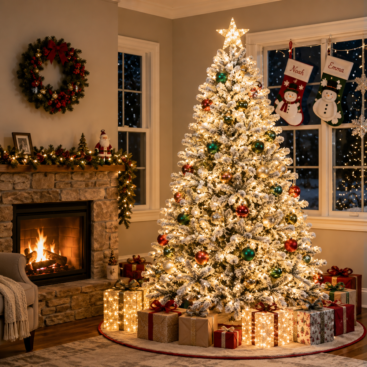 Künstlicher Schneebedeckter Weihnachtsbaum Vorbeleuchtet 7 Fuß mit 1100 Spitzen aus PE/PVC und Integrierten LEDs
