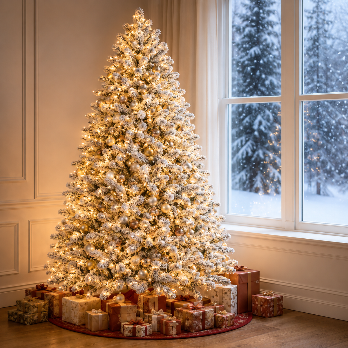 Künstlicher Schneebedeckter Weihnachtsbaum Vorbeleuchtet 7 Fuß mit 1100 Spitzen aus PE/PVC und Integrierten LEDs