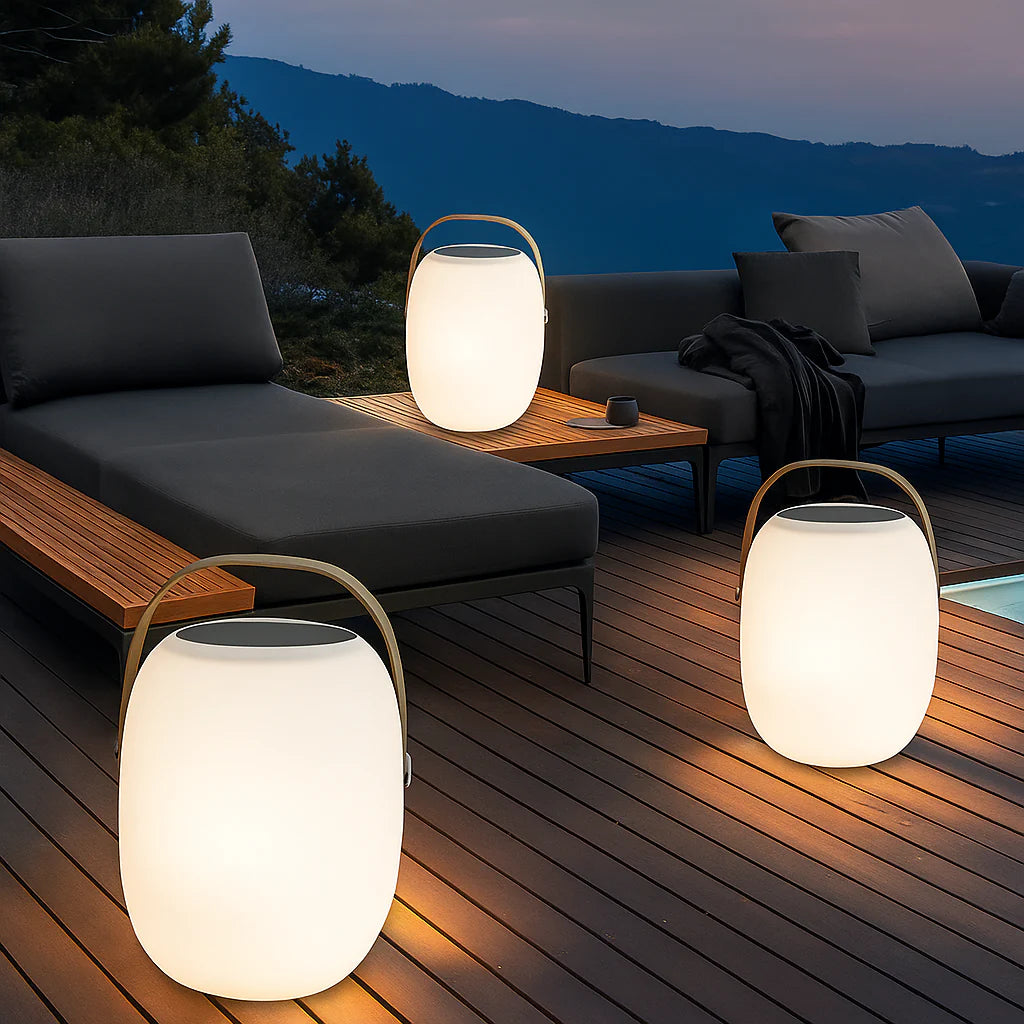 Solar Tischleuchte LED Warmweiß Außen für Terrasse und Balkon IP65 Tragbar mit Griff Modern