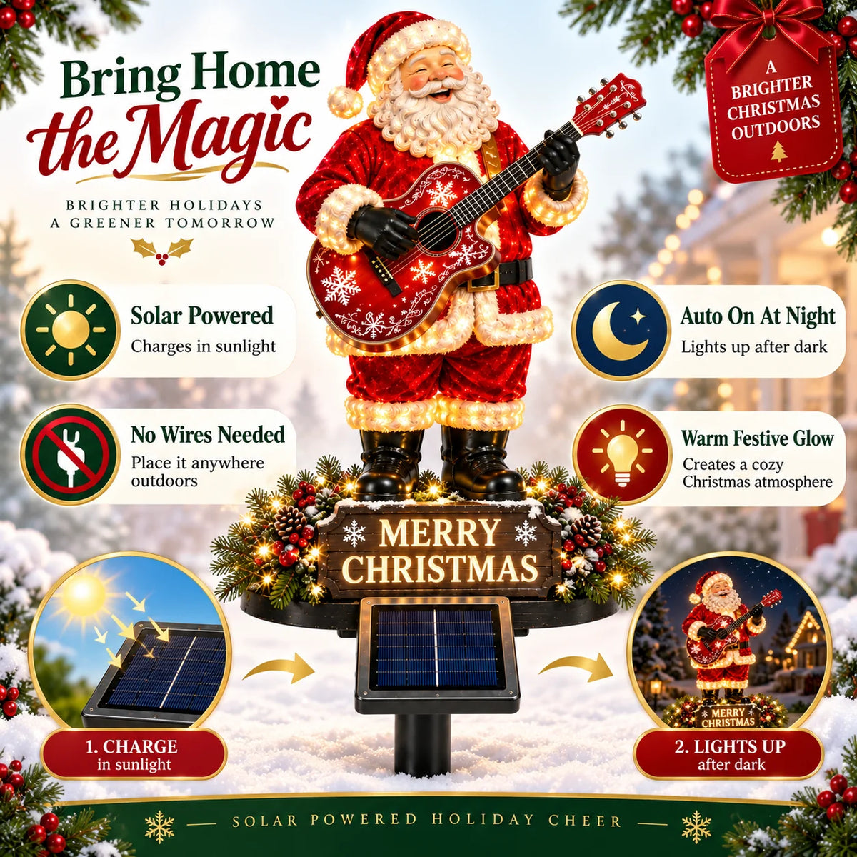 Solarbetriebene Weihnachtsdeko Außen – Festliche Gitarrenbeleuchtung mit Santa-Motiv für Garten 6