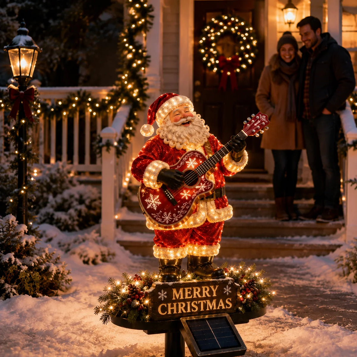 Solarbetriebene Weihnachtsdeko Außen – Festliche Gitarrenbeleuchtung mit Santa-Motiv für Garten 7