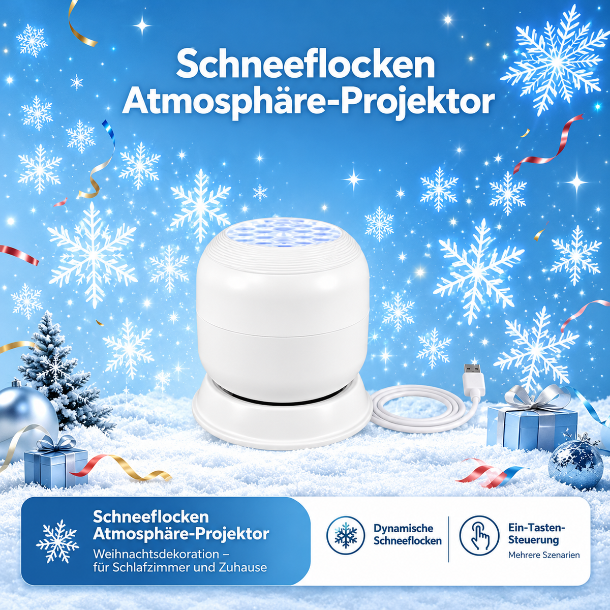 LED-Schneeflocken-Projektor Modern – 360° Drehung, USB, Sanftes Licht