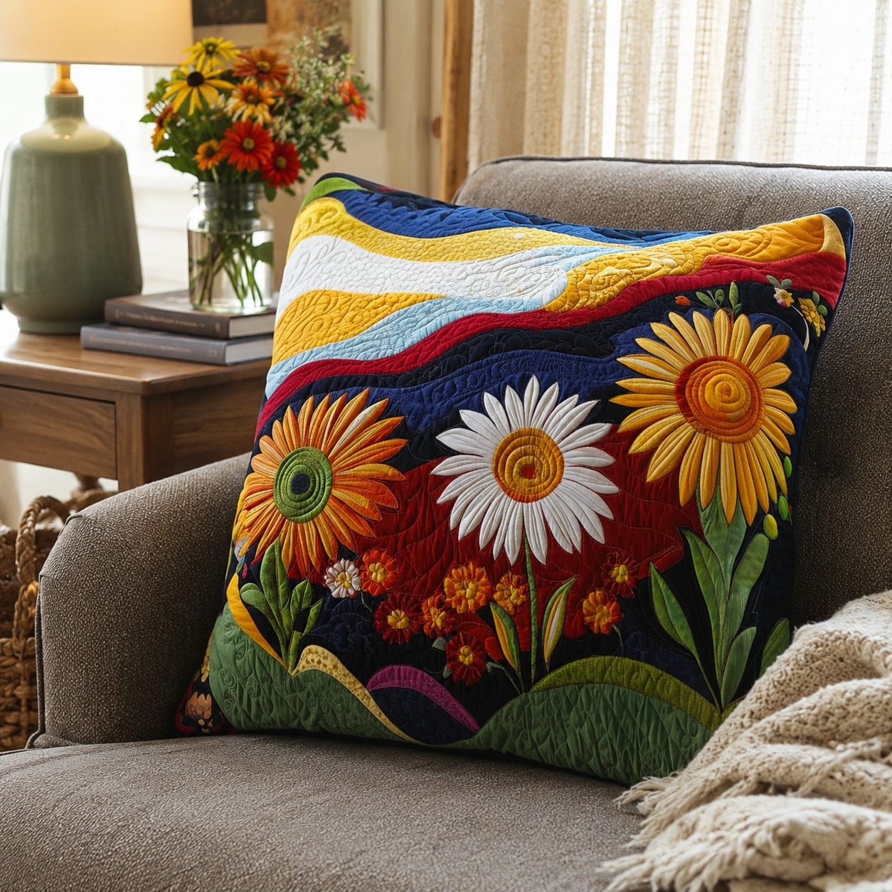 Kissenbezug Sonnenblumen Baumwoll-Polyester Weiß 40 × 40 cm – Gesteppte Optik, Hotelverschluss, Maschinenwaschbar