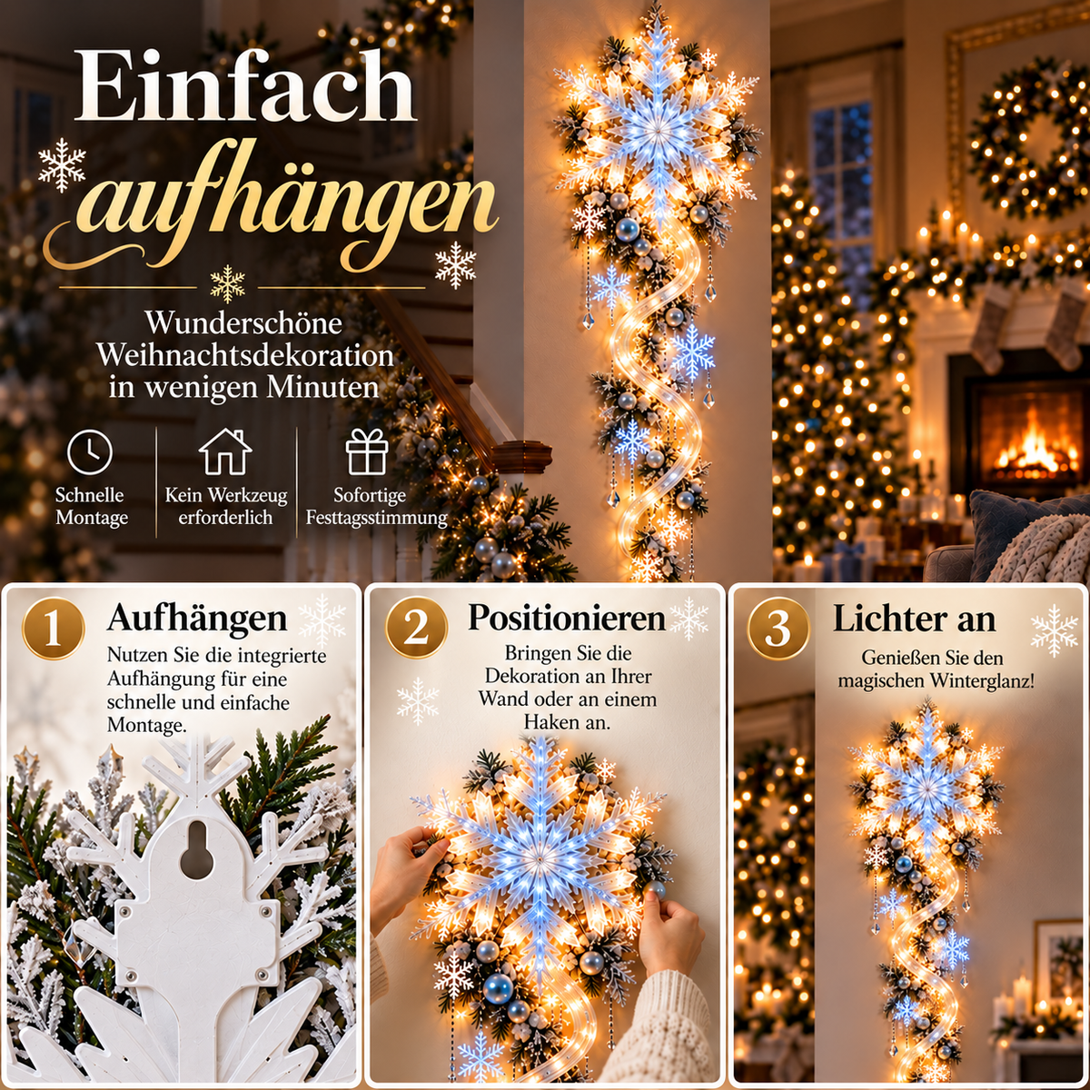 Riesige Schneeflocken-Wandbeleuchtung mit Lichtkaskade