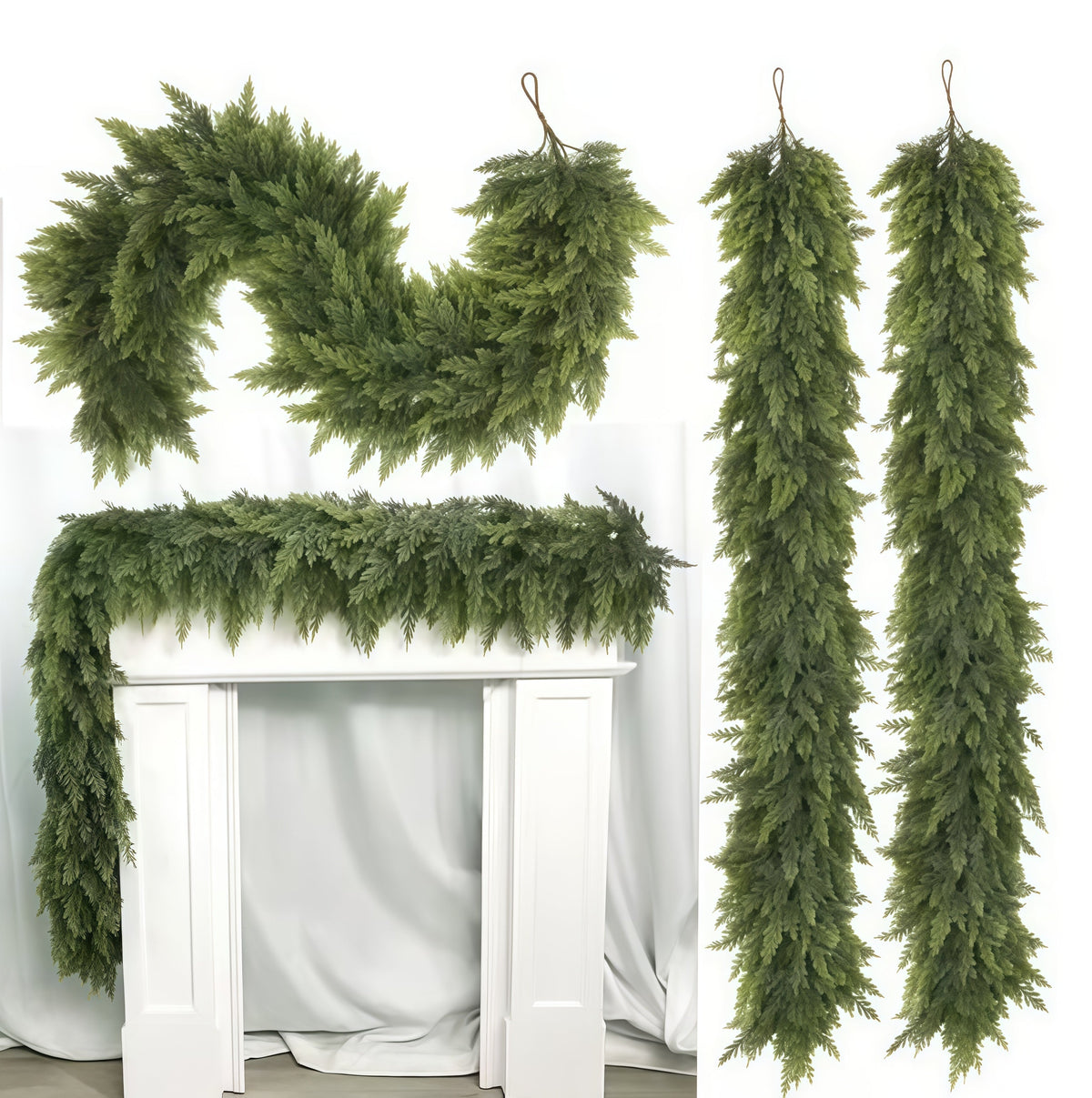 Künstliche Zedern Girlande 2er Set, 180 cm, täuschend echte Tannengirlande für Kamin, Treppe und Tür