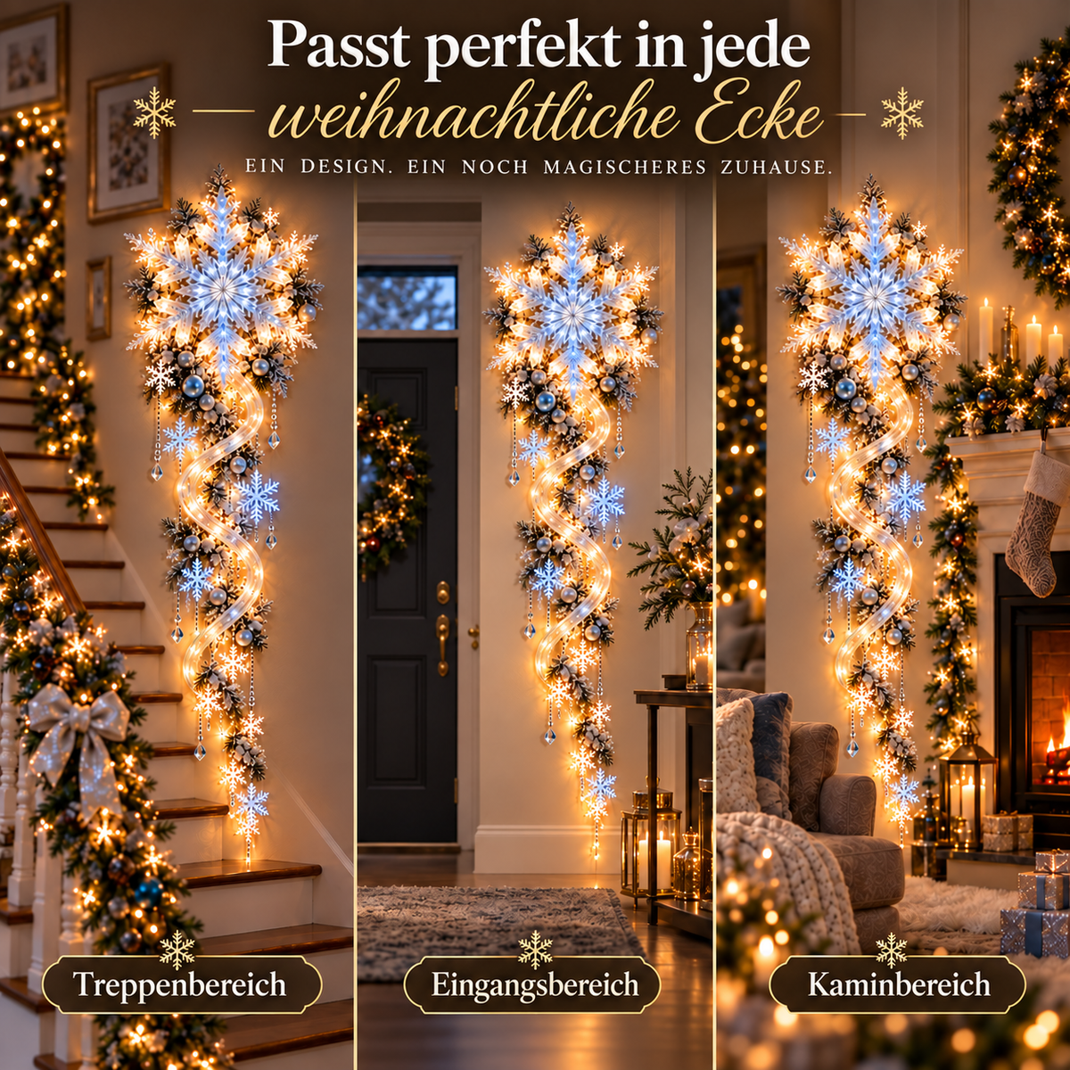 Riesige Schneeflocken-Wandbeleuchtung mit Lichtkaskade