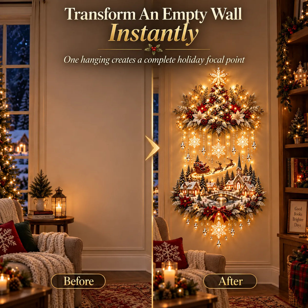 Beleuchteter Weihnachtsbaum mit Dorf – Wandbehang mit warmweißen Lichtkaskaden, 80 cm