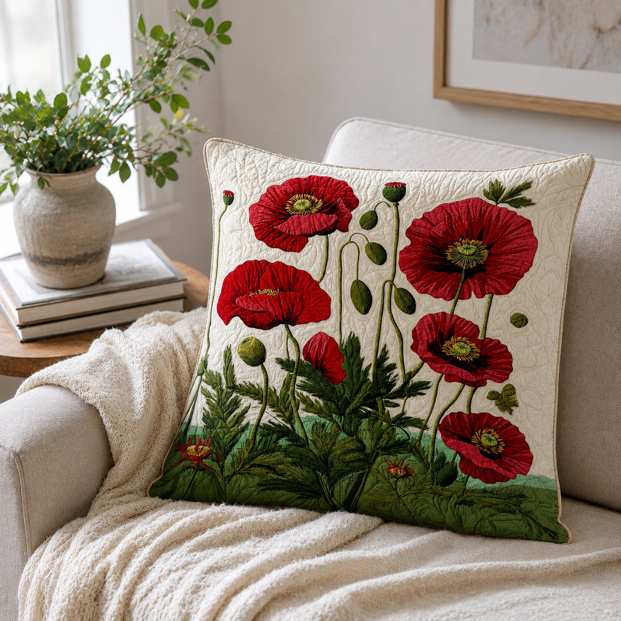 Kissenbezug Mohnblumen Baumwoll-Polyester Weiß 56 × 56 cm – Hotelverschluss, Gesteppt, Maschinenwaschbar