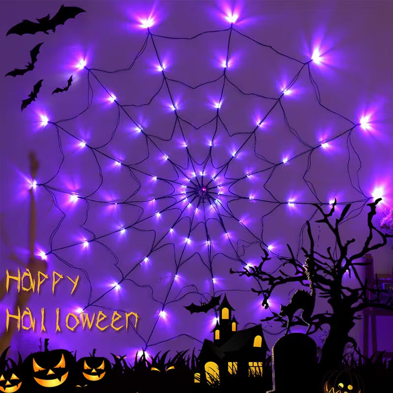 Halloween Spinnennetz-Lichterkette 70 LED Lila-Orange – 8 Lichtmodi