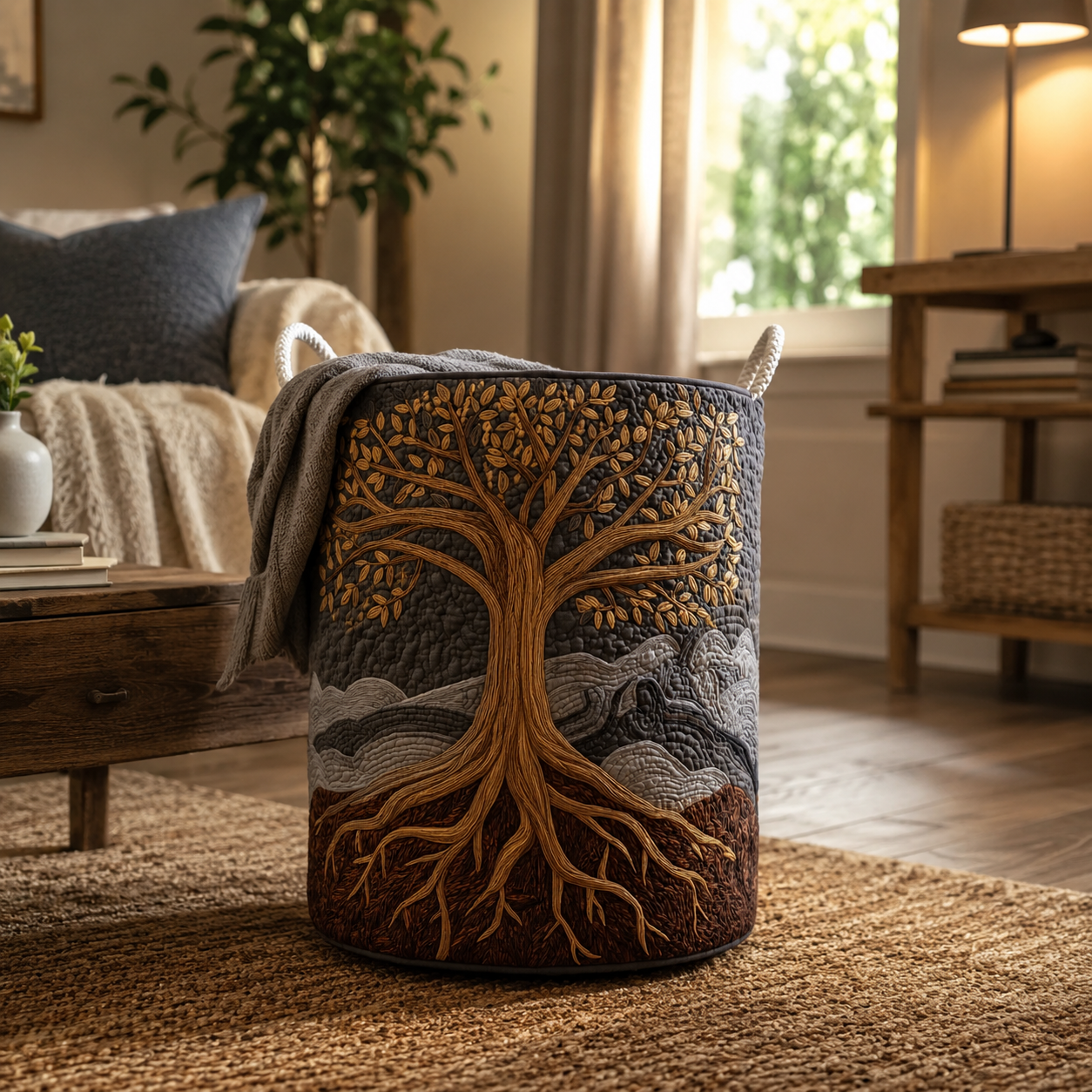 Wäschekorb Gesteppt Baumwoll-Polyester Beige 40 × 56 cm – Formstabil, Tragegriffe, Faltbar