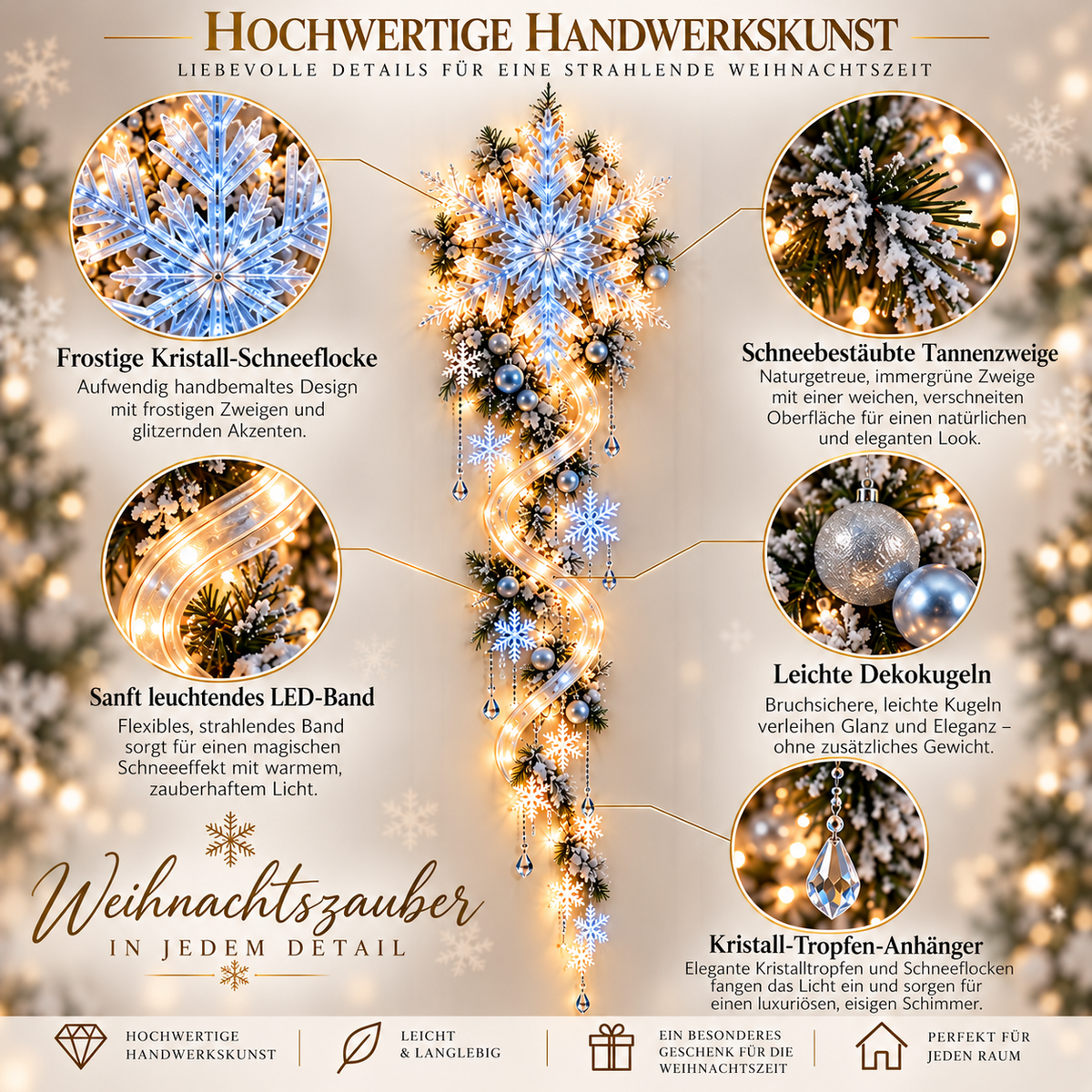 Riesige Schneeflocken-Wandbeleuchtung mit Lichtkaskade
