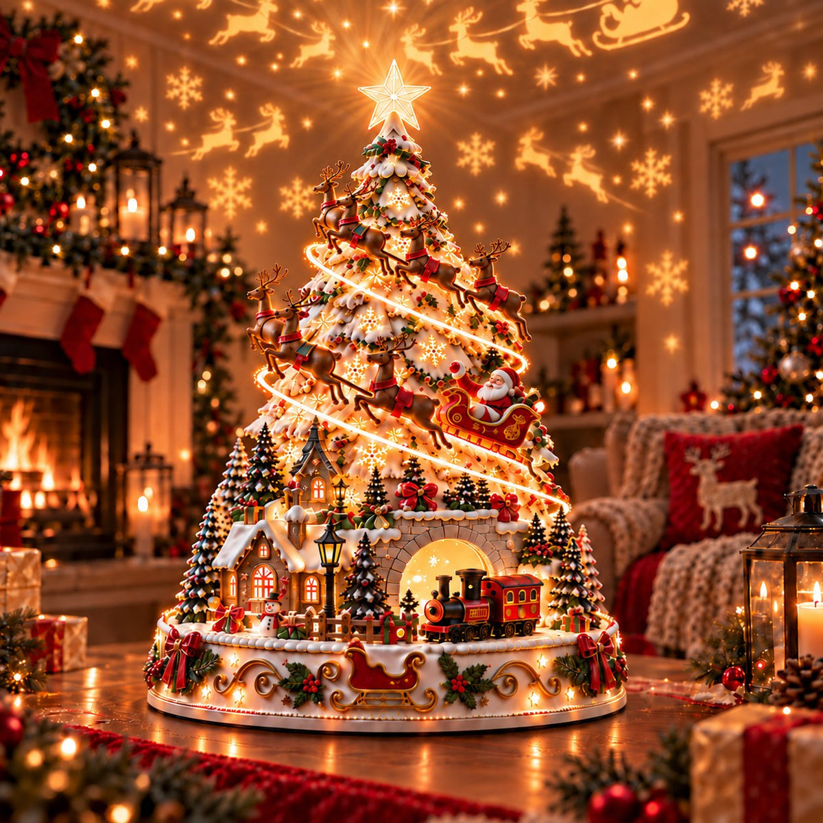 Leuchtender Weihnachtsdorf-Baum | 3D-Tischdeko mit Lichtprojektion