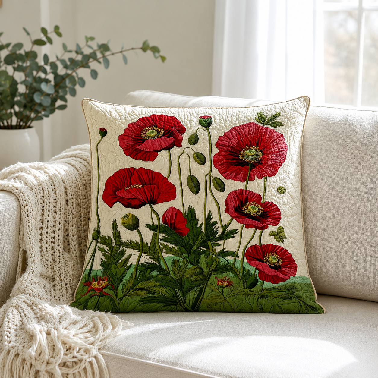 Kissenbezug Mohnblumen Baumwoll-Polyester Weiß 56 × 56 cm – Hotelverschluss, Gesteppt, Maschinenwaschbar