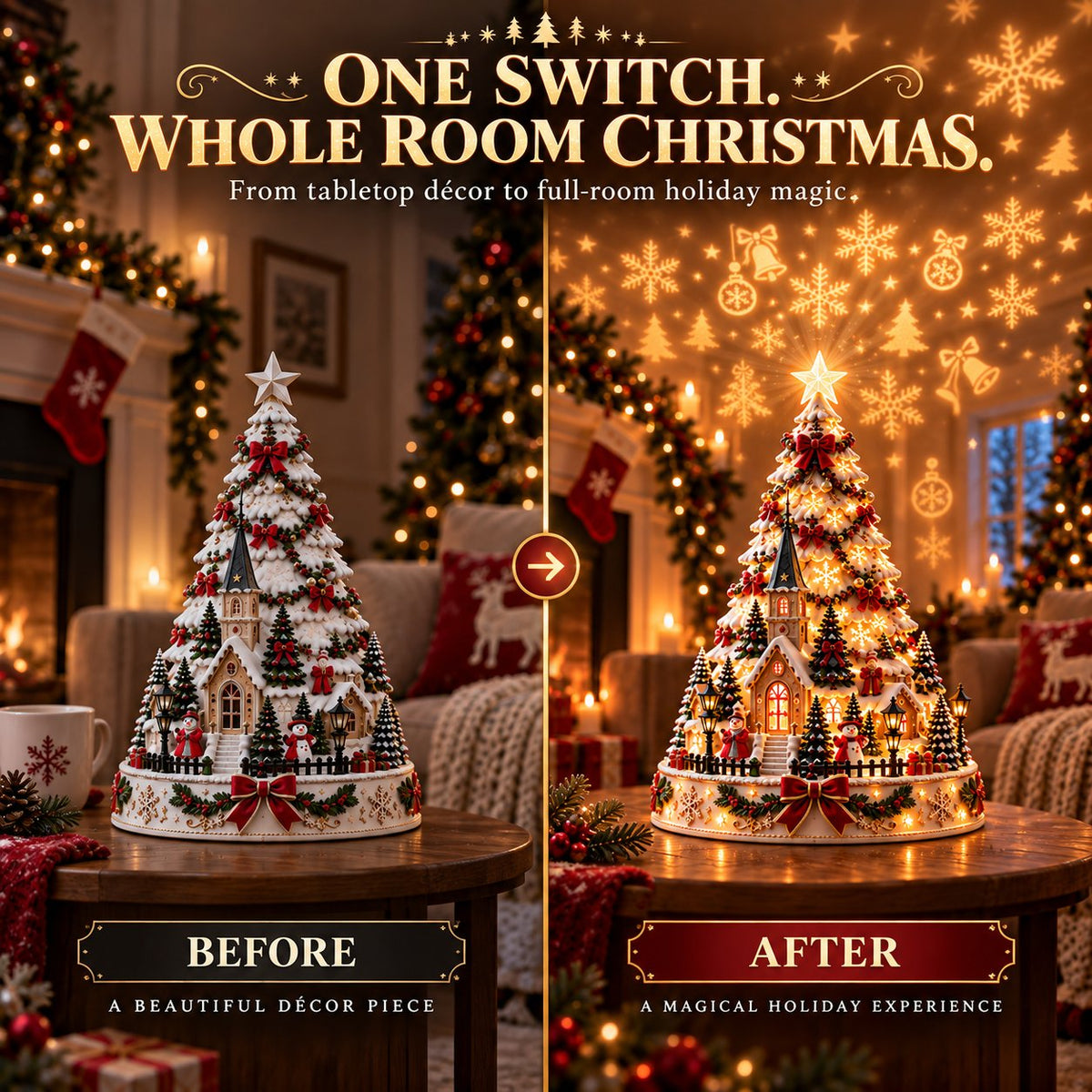 Leuchtender Weihnachtsdorf-Baum | 3D-Tischdeko mit Lichtprojektion